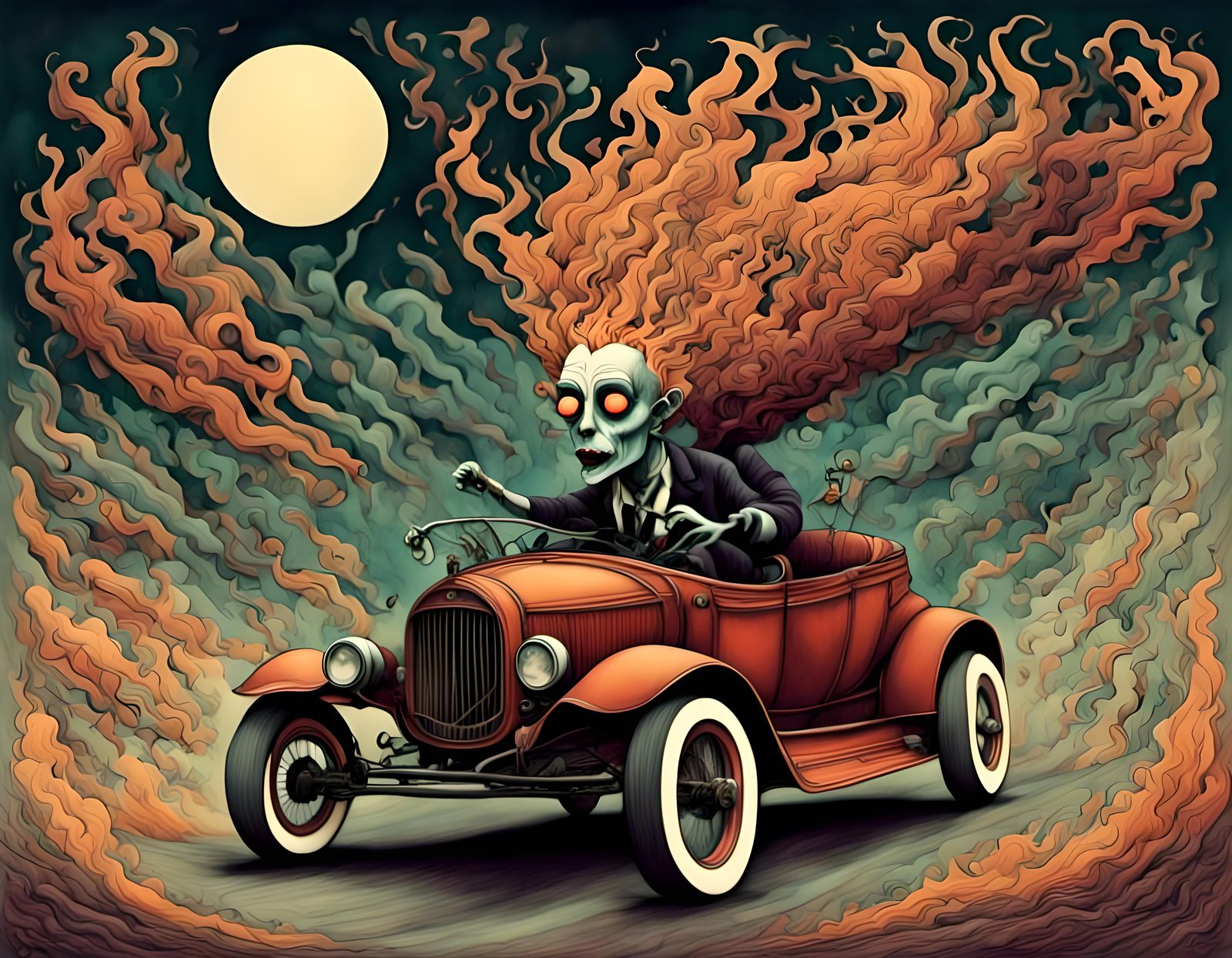 Demonic Driver in Burning Hot Rod Convertible