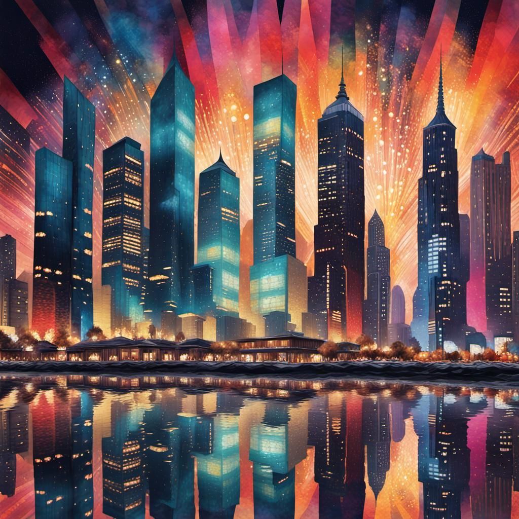 Magical Cityscape at Night in Gouache Style