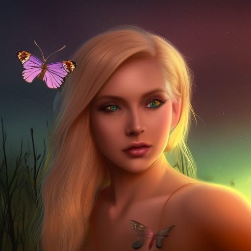 Girl with Butterflies at Sunset: Fantasy Art