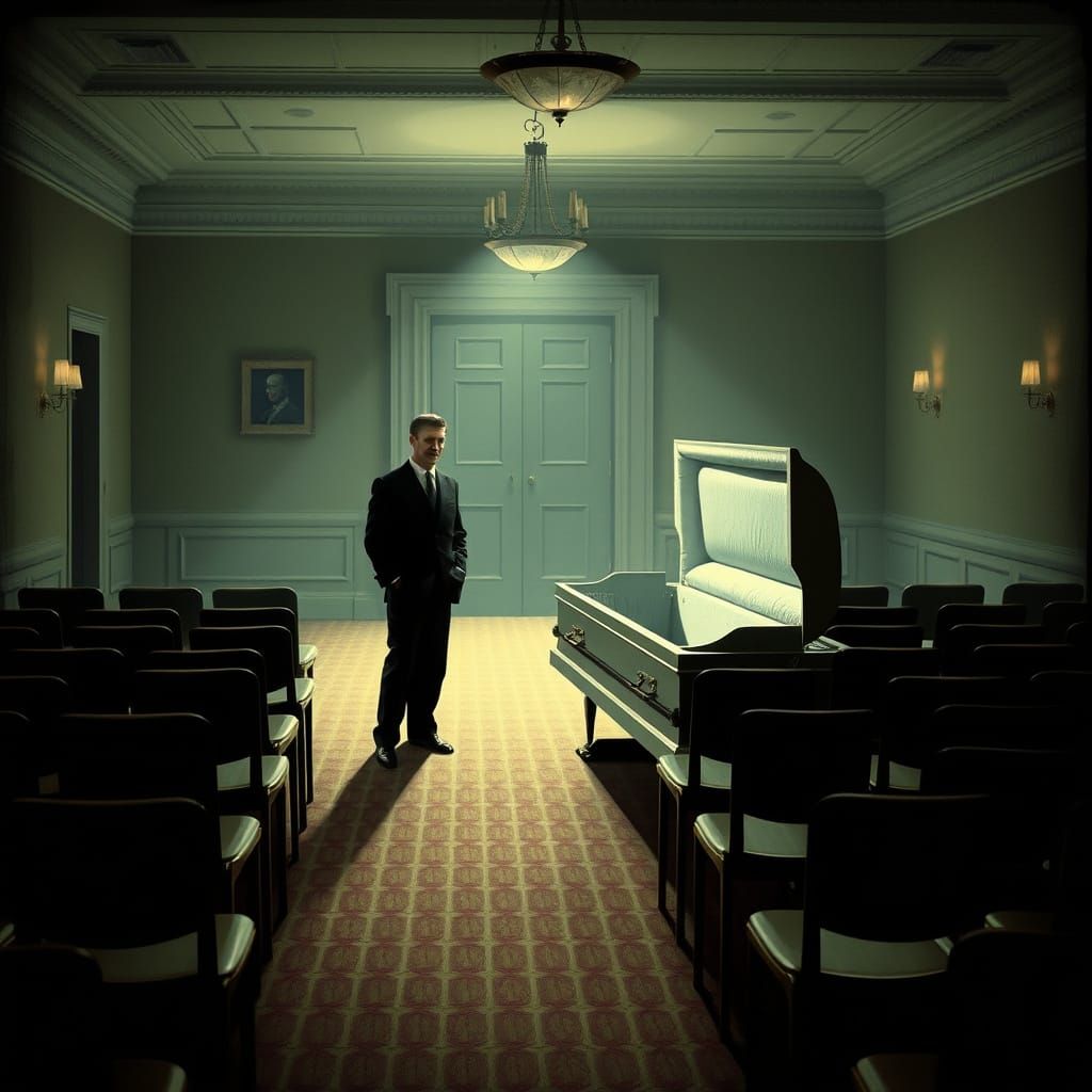 Funeral Director Beside Empty Chairs in Somber Parlor