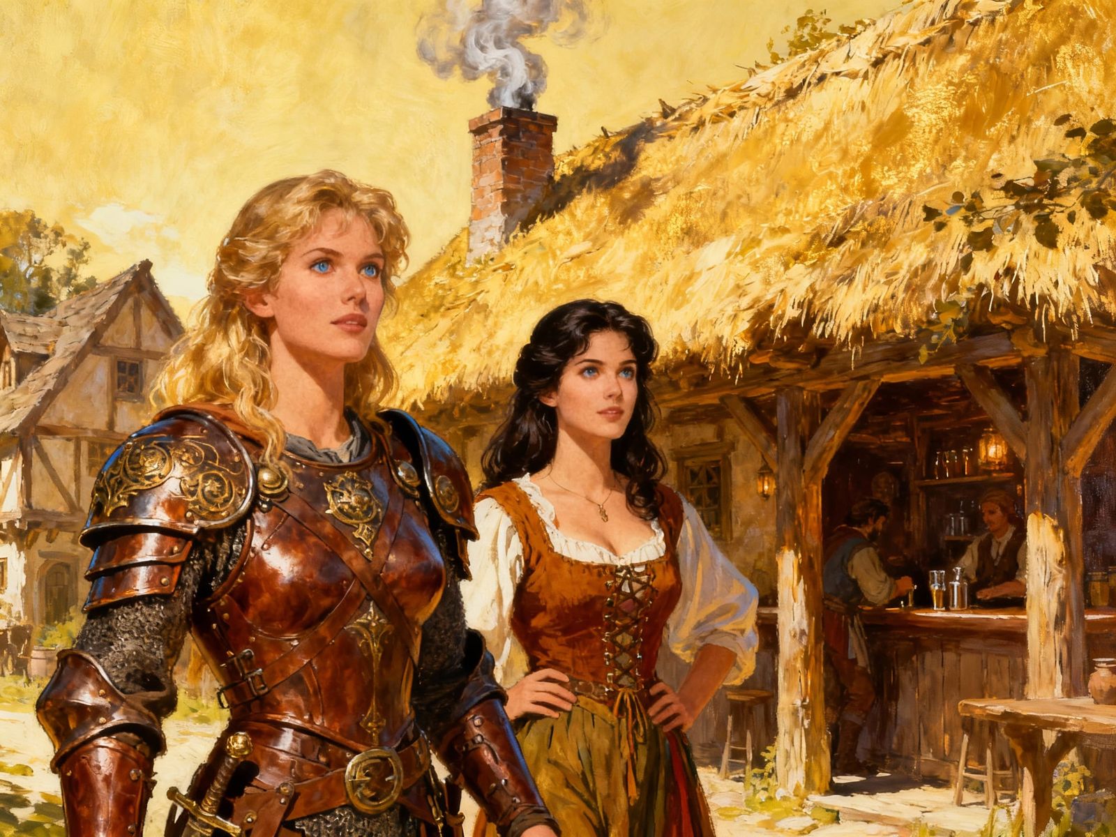 Female Warrior and Barmaid in 1980s Fantasy Art Style