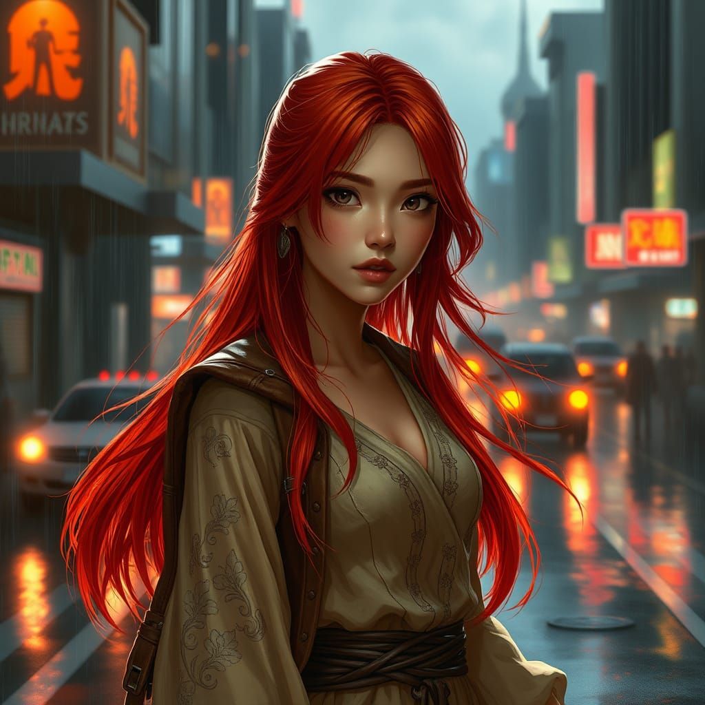 Futuristic Woman in Rainy Cityscape, Digital Art