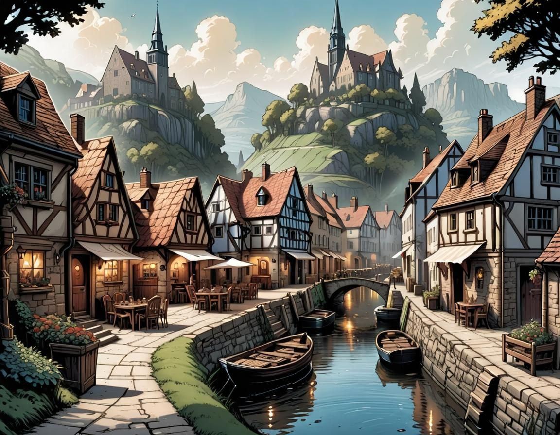 European Village in Comic Book Art Style