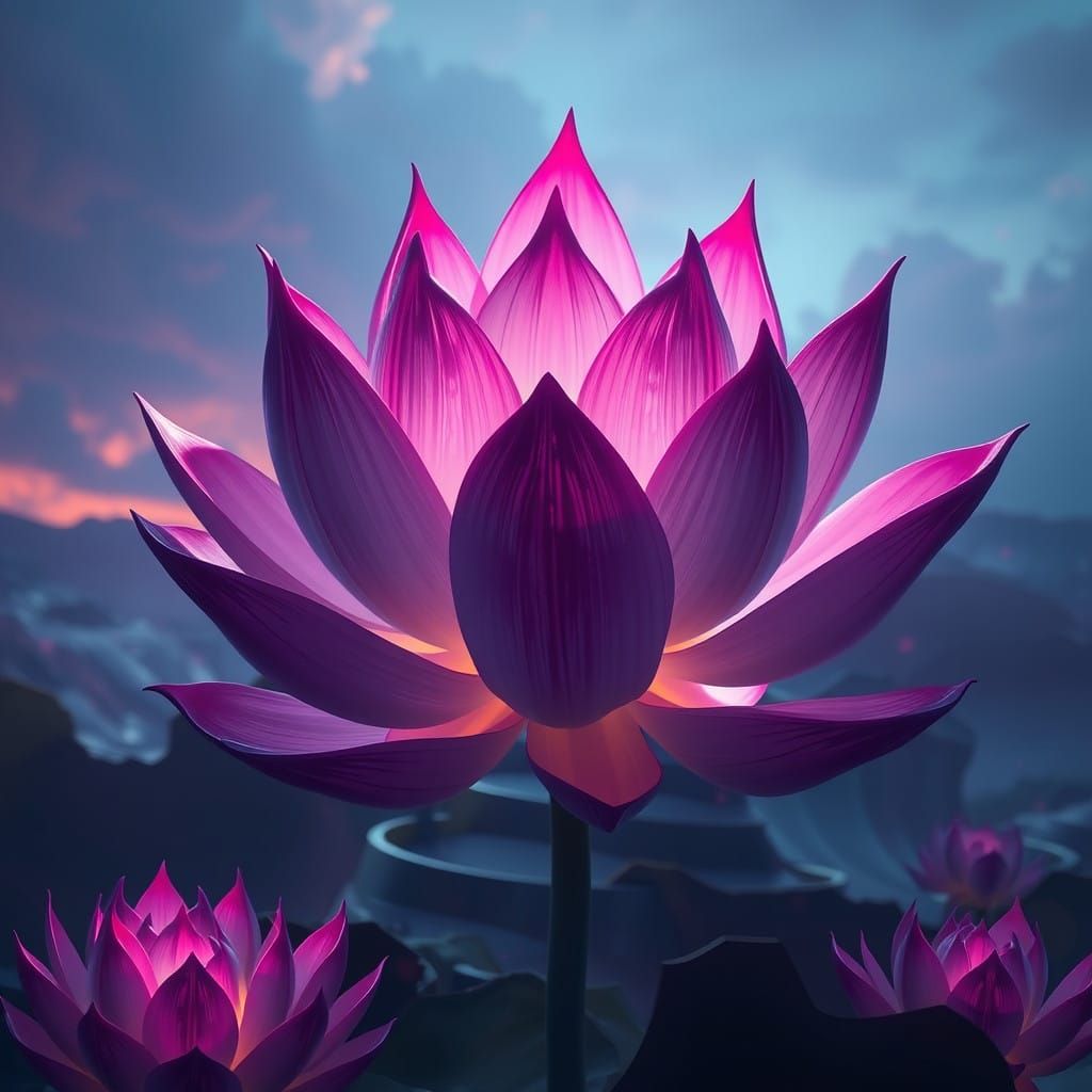 Fantasy Concept Art of Enchanted Twilight Lotus in Deep Colo...