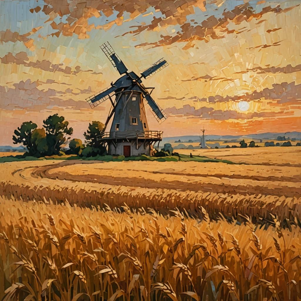 Golden Wheat Fields Under Sunset: Impressionist Landscape