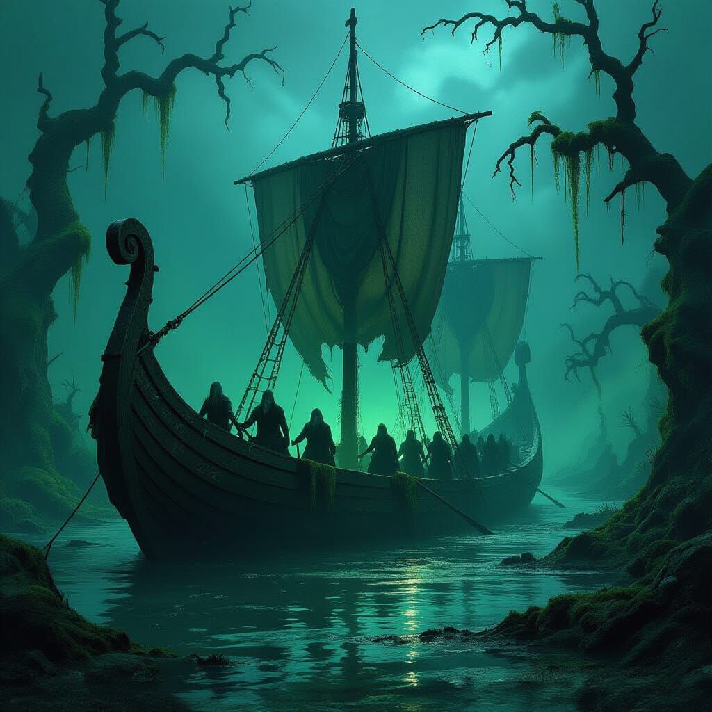 Ghostly Viking Longship in Bioluminescent Swamp
