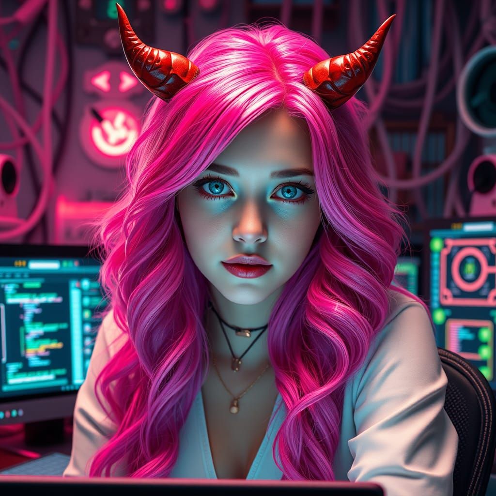 Coding Siren with Pink Hair and Red Horns