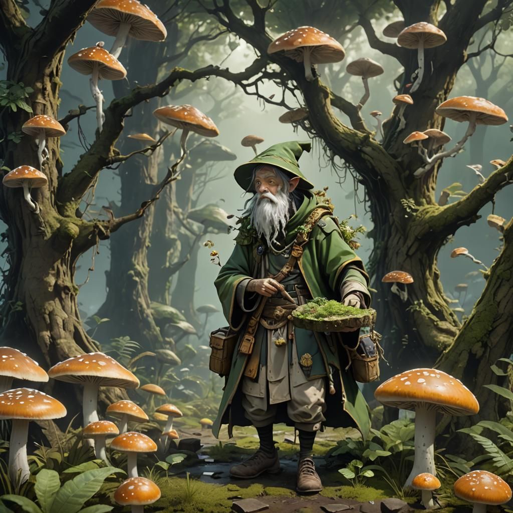 Fungal Druid Collecting Spores in Anime Style