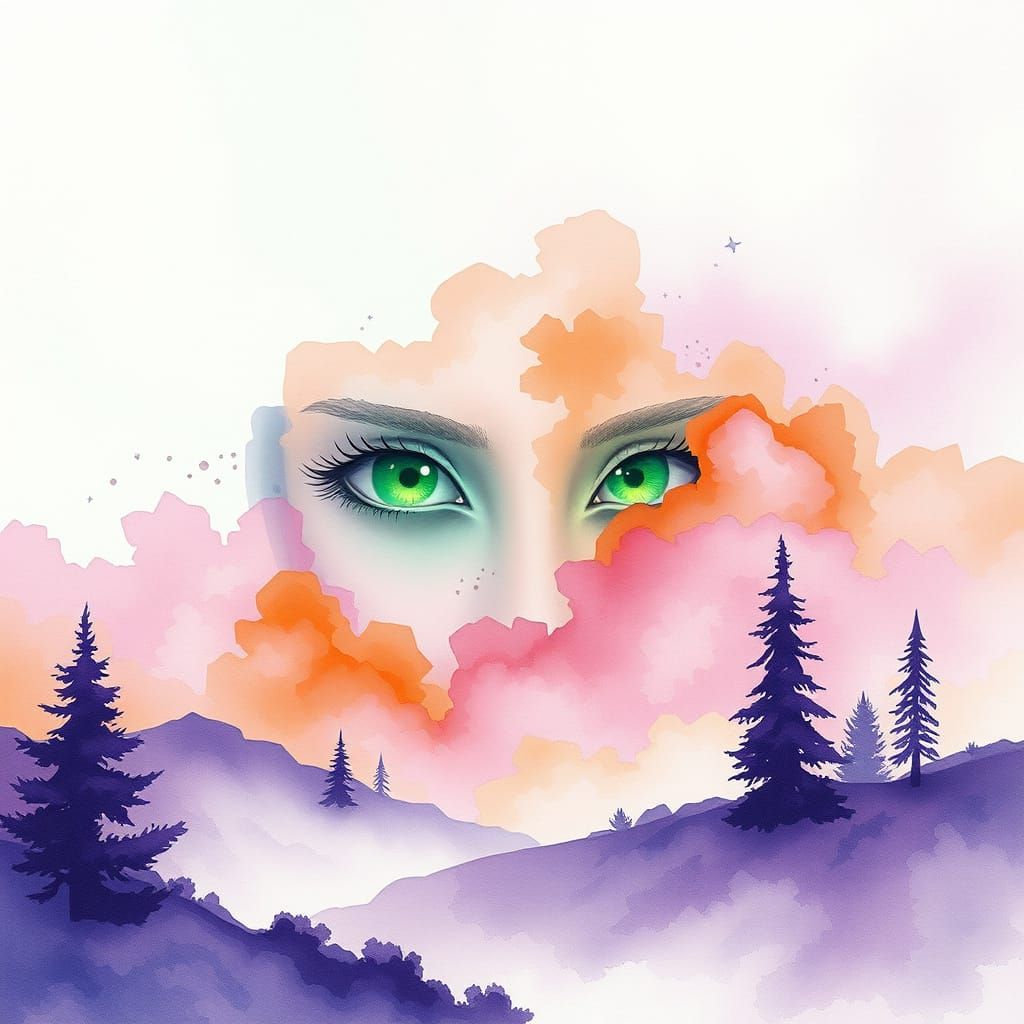 Monochrome Watercolor Dreamscape with Luminous Eyes