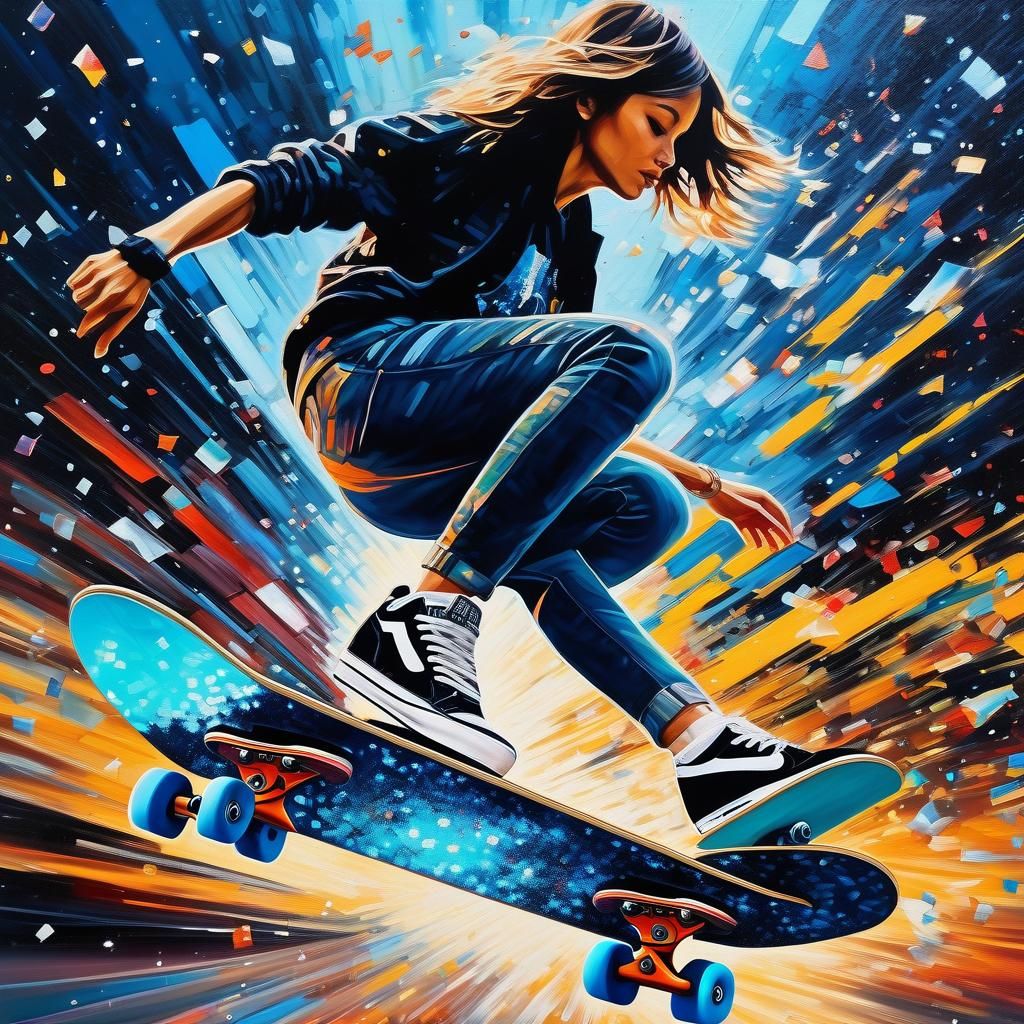 Woman Skateboarder Kickflip in Oil on Canvas Style
