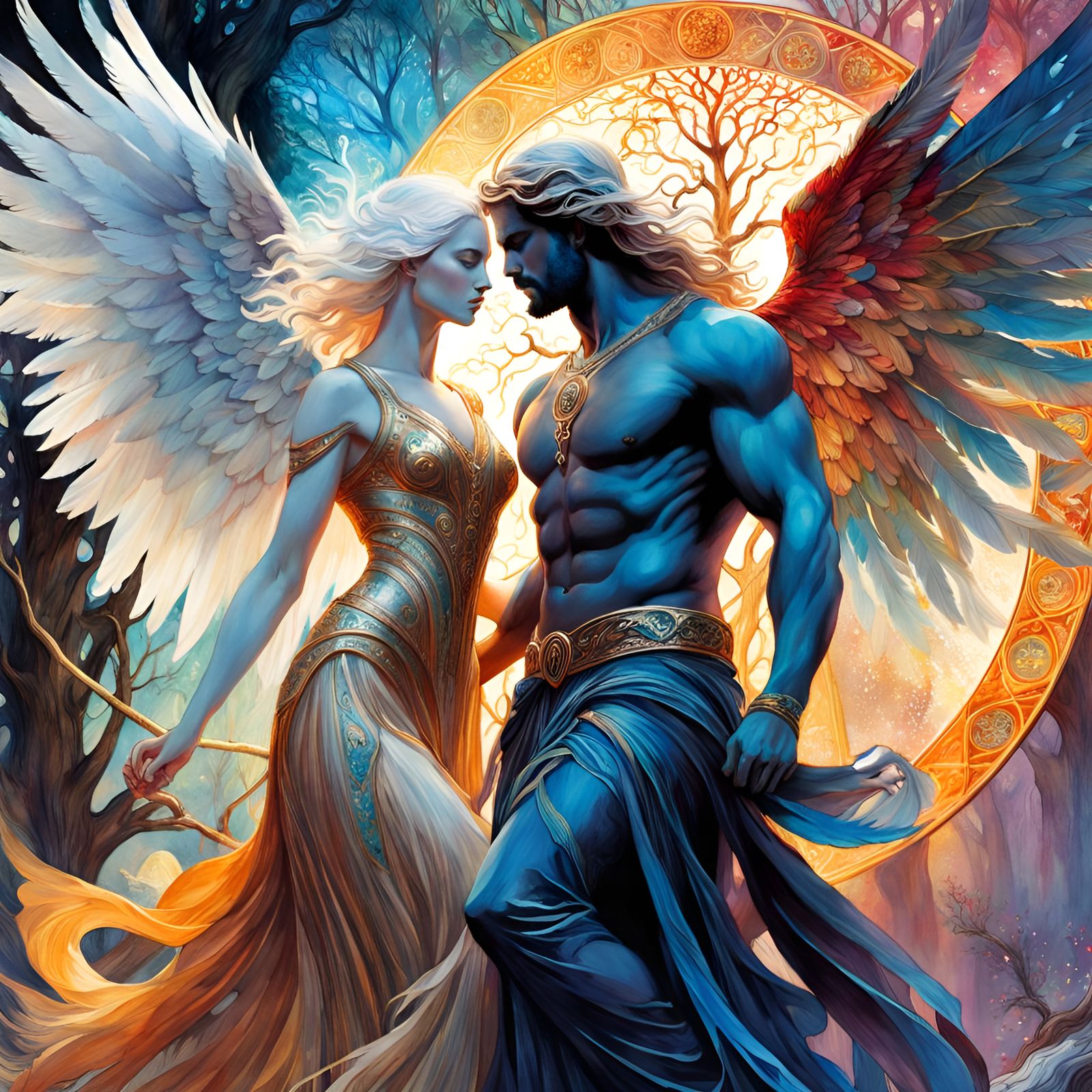 Angel and Devil Playing Jenga: Art Nouveau Watercolor