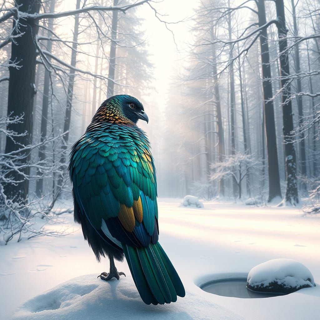 Ethereal Bird in Snowy Forest Landscape