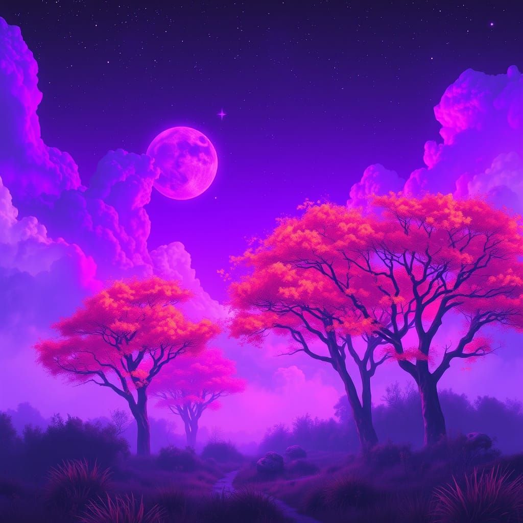 Surreal Fantasy Dreamscape with Glowing Skies and Orange Tre...