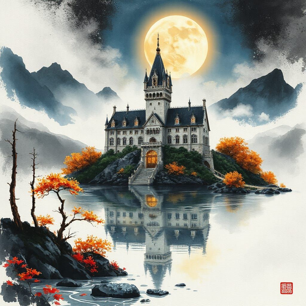 Gothic Castle Under Blood Moon in Watercolor Style