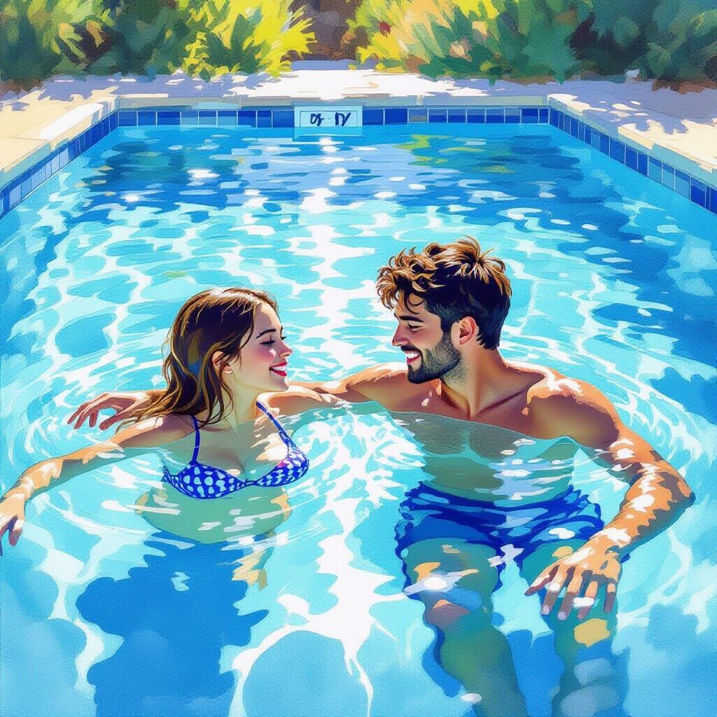 Joyful Couple Swimming in Sun-Dappled Pool
