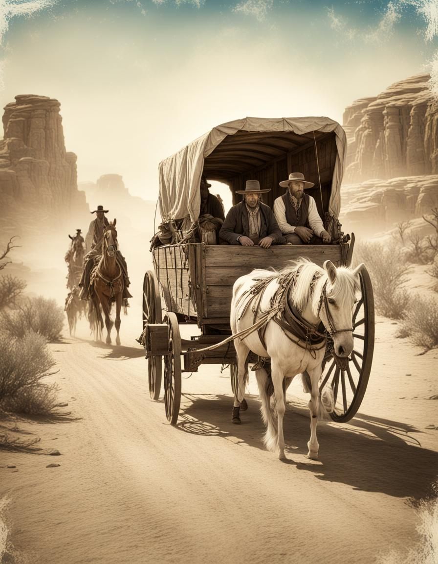 Old and worn photograph 1800s. Far west. Wagon caravan of th...