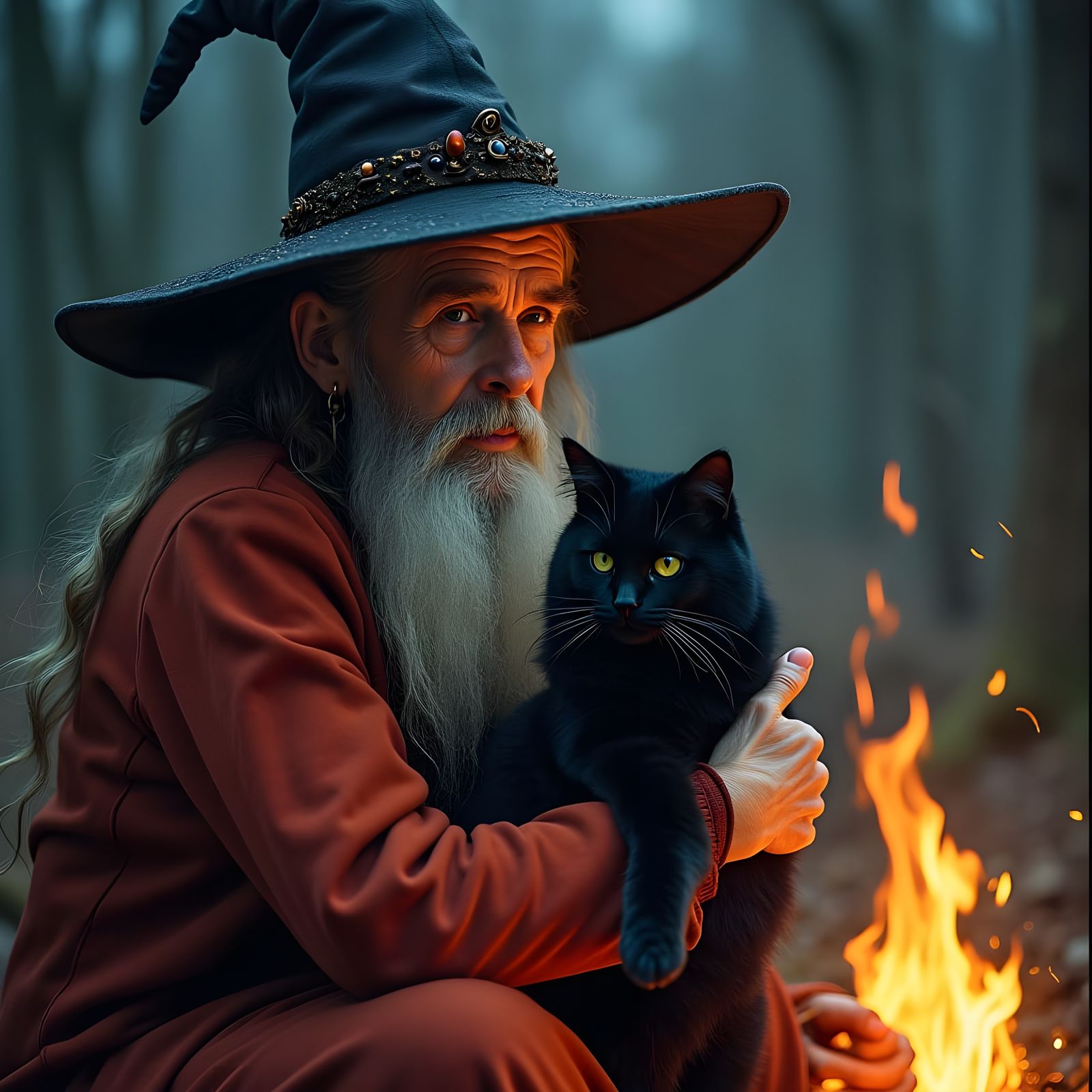 Beautiful Witch with Black Cat by Bonfire