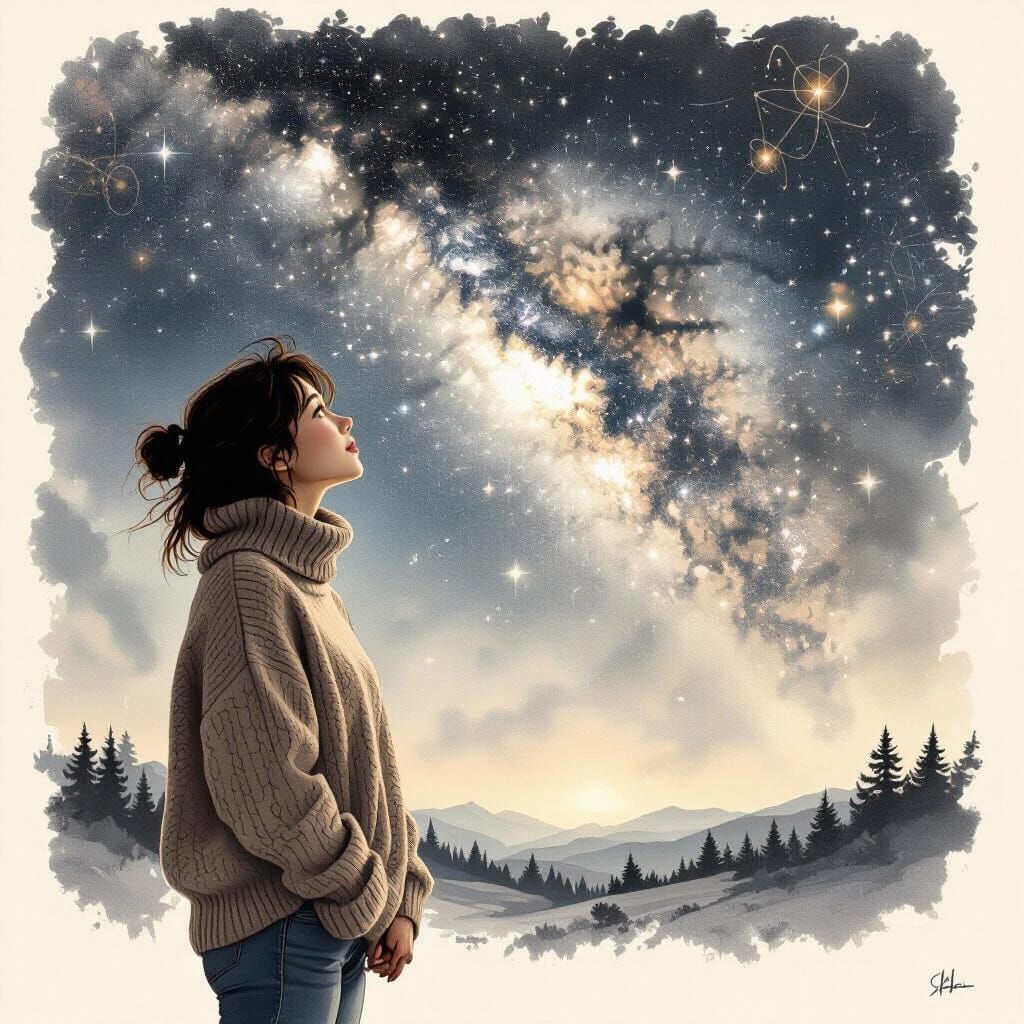 Night Sky Gazer with Milky Way Drawing