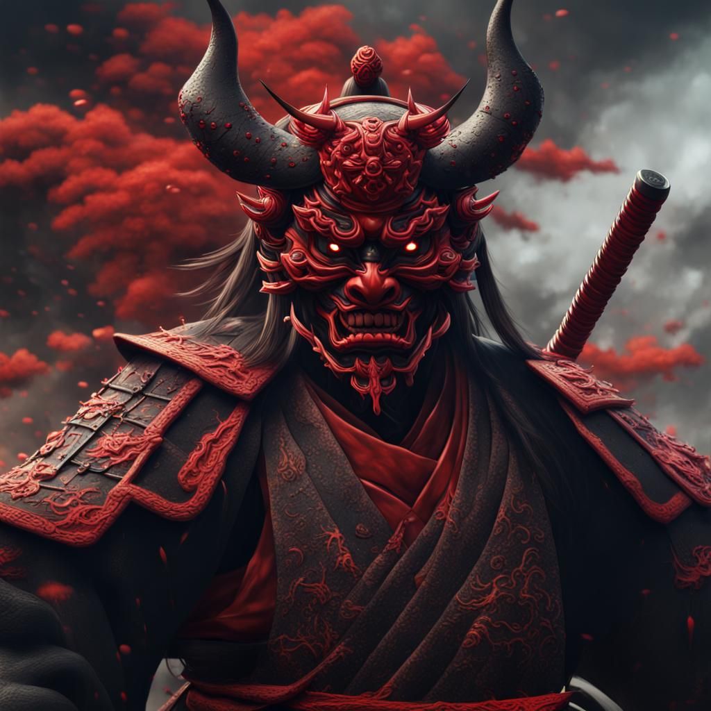 Demonic Samurai with Oni Mask in Detailed Digital Painting