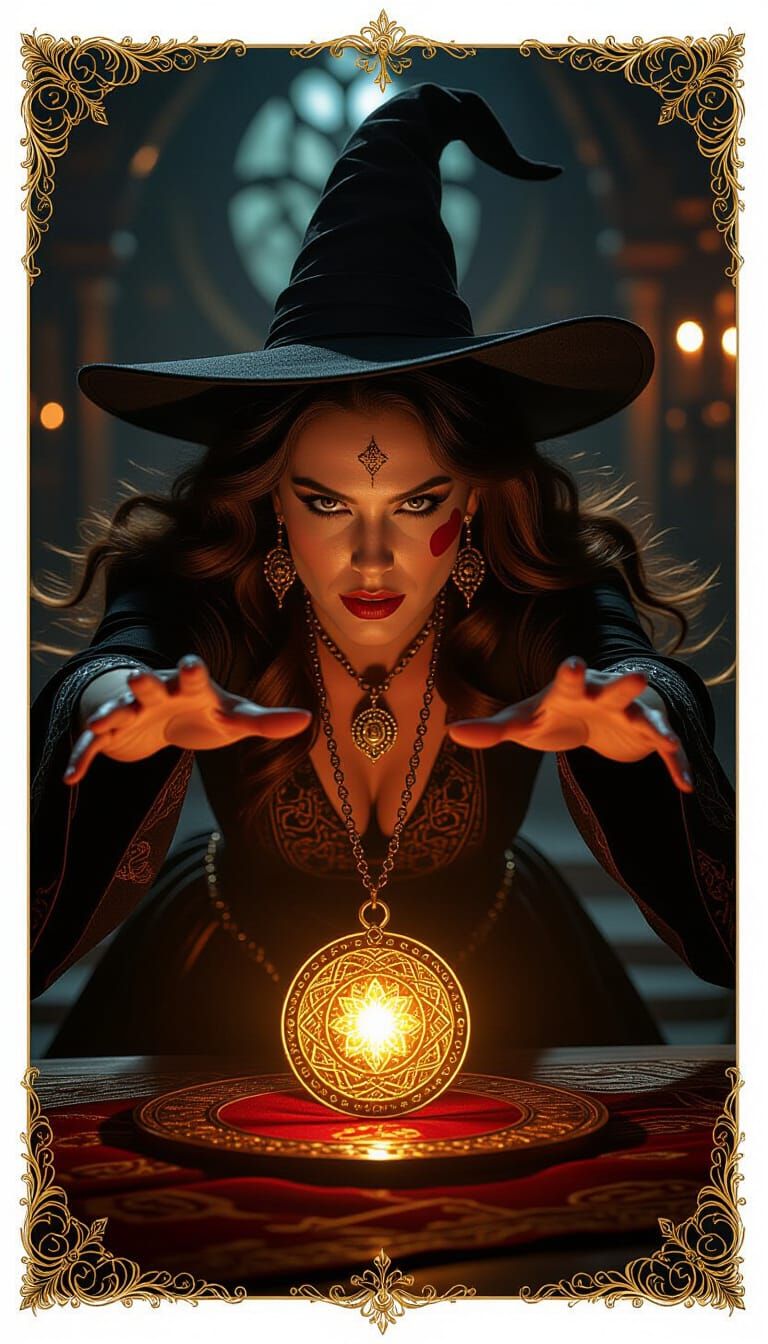 Mysterious Witch With Glowing Amulet in Dramatic Low-Angle S...