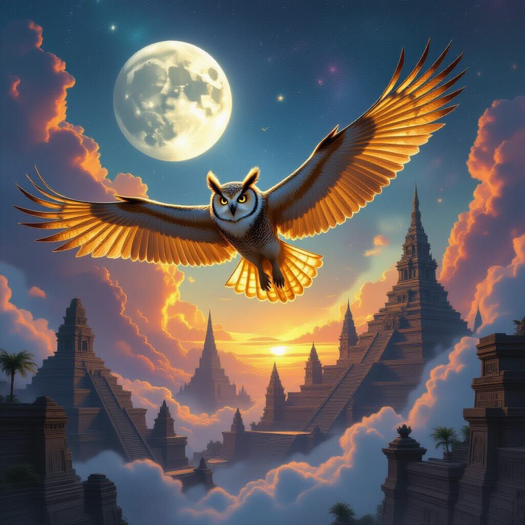 Golden Owl Over Ancient City in Nebula Sky