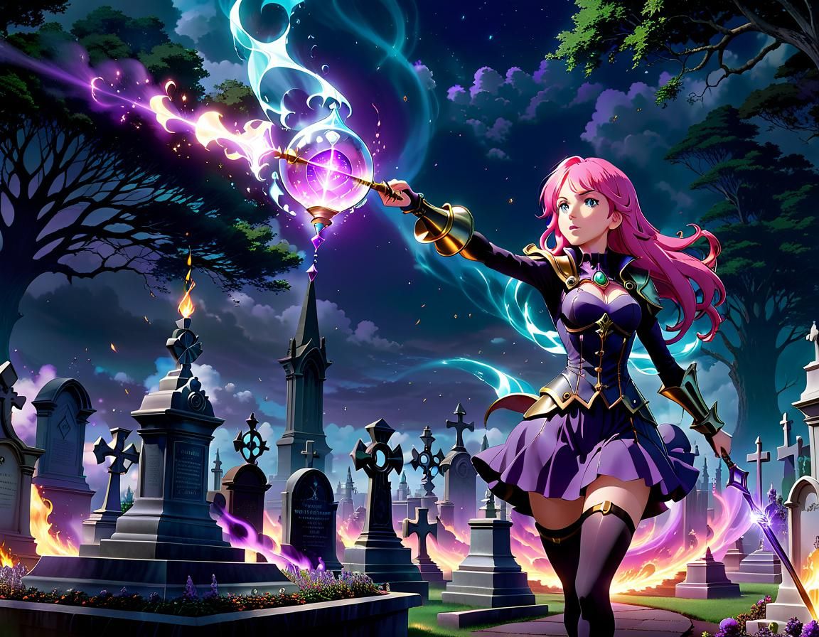 Anime Magic Duel in Cemetery, Ghibli Style