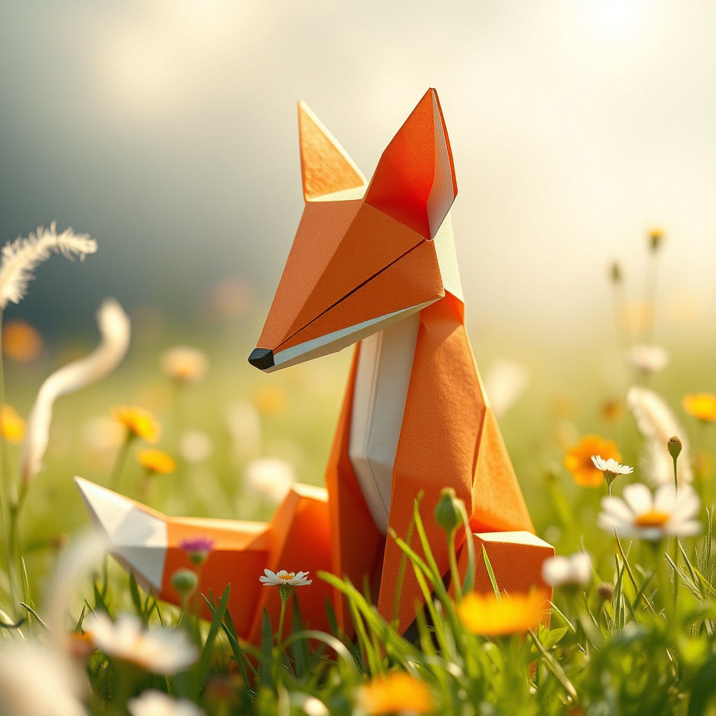 Delicate Origami Fox in Sunny Meadow, 8K