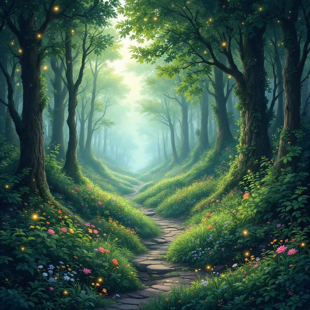 Enchanted Forest Landscape with Twinkling Fireflies