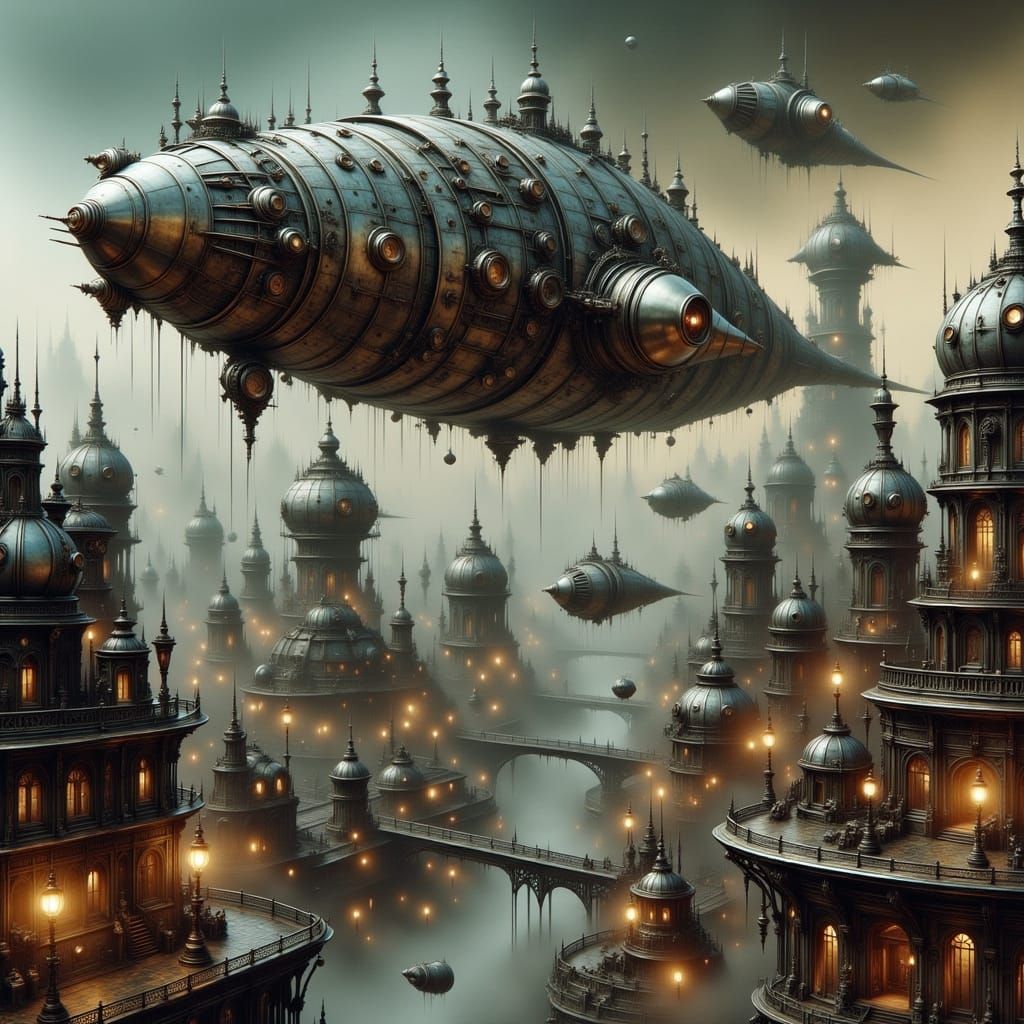 Steampunk Spaceship Flies Over Dystopian City