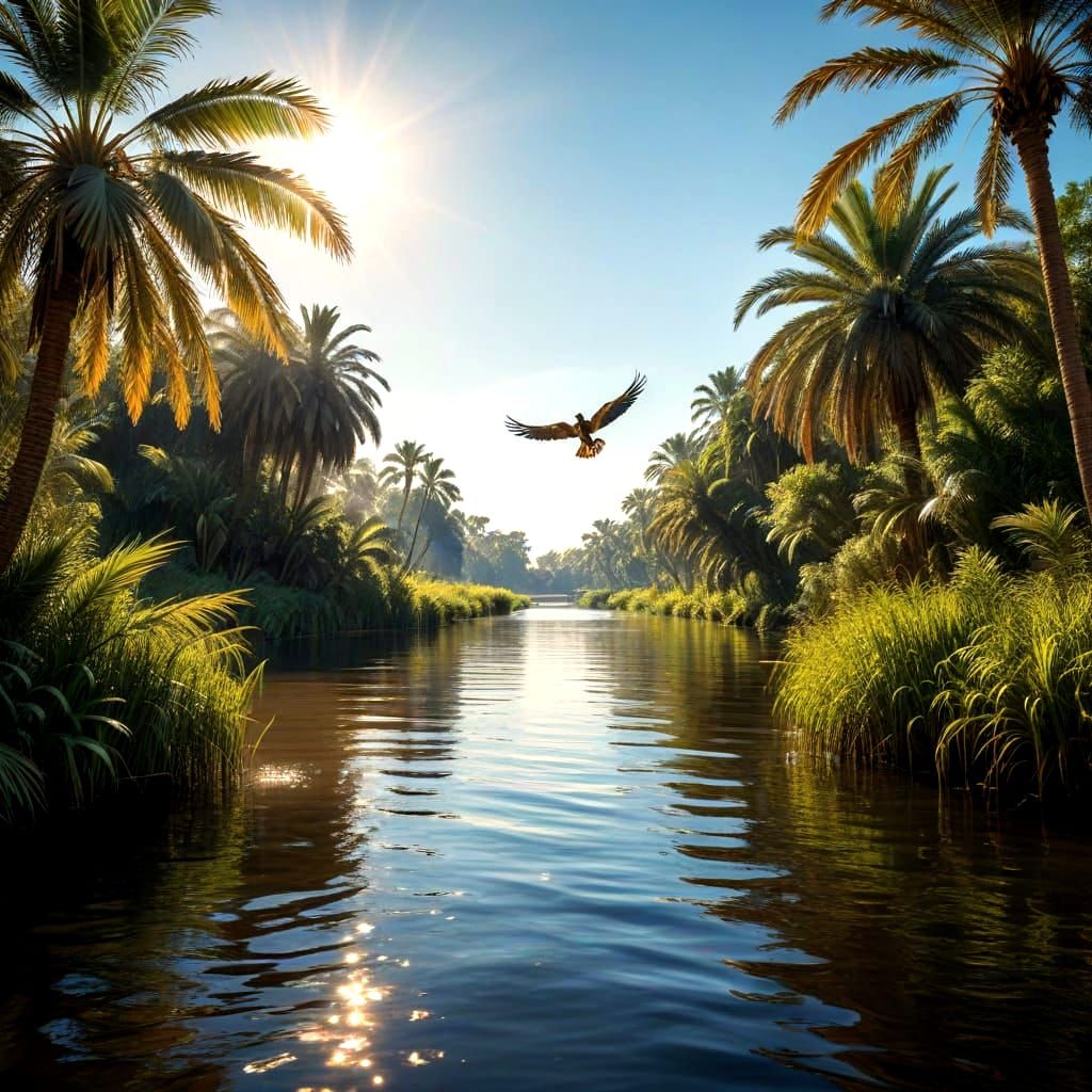 Egyptian God Ra Navigates Solar Barque Across Lush Nile Rive...