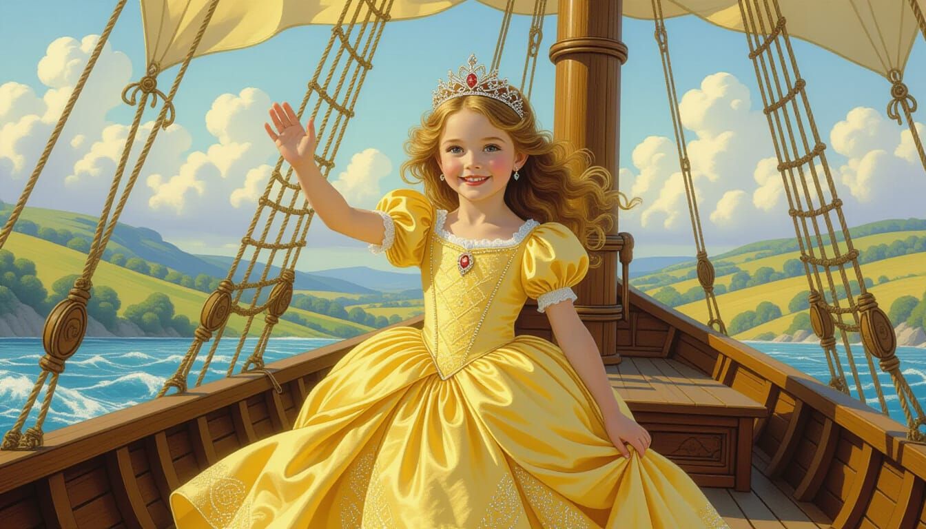 Fantasy Princess on a Ship Deck in Whimsical Style