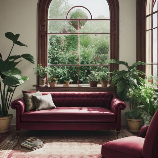 Burgundy Living Room with Plants, Professional Photography