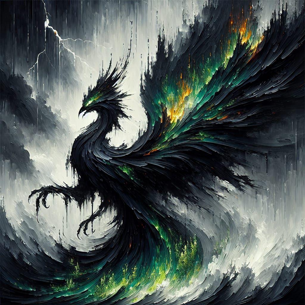 magnificent jet black Phoenix completely engulfed in mystical black and green flames from his topcrest to eyes, to talon...