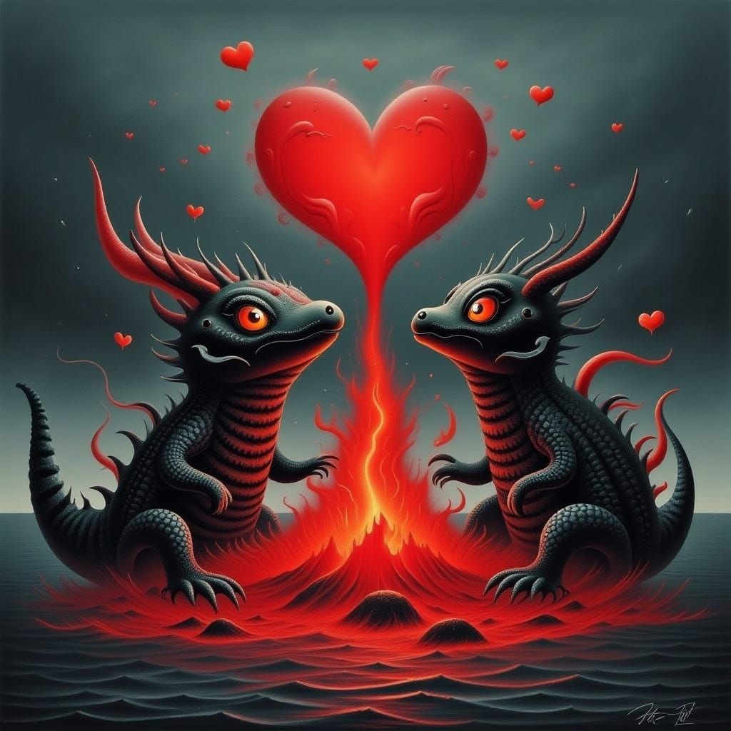 Romantic Lava Creatures with Erupting Volcano