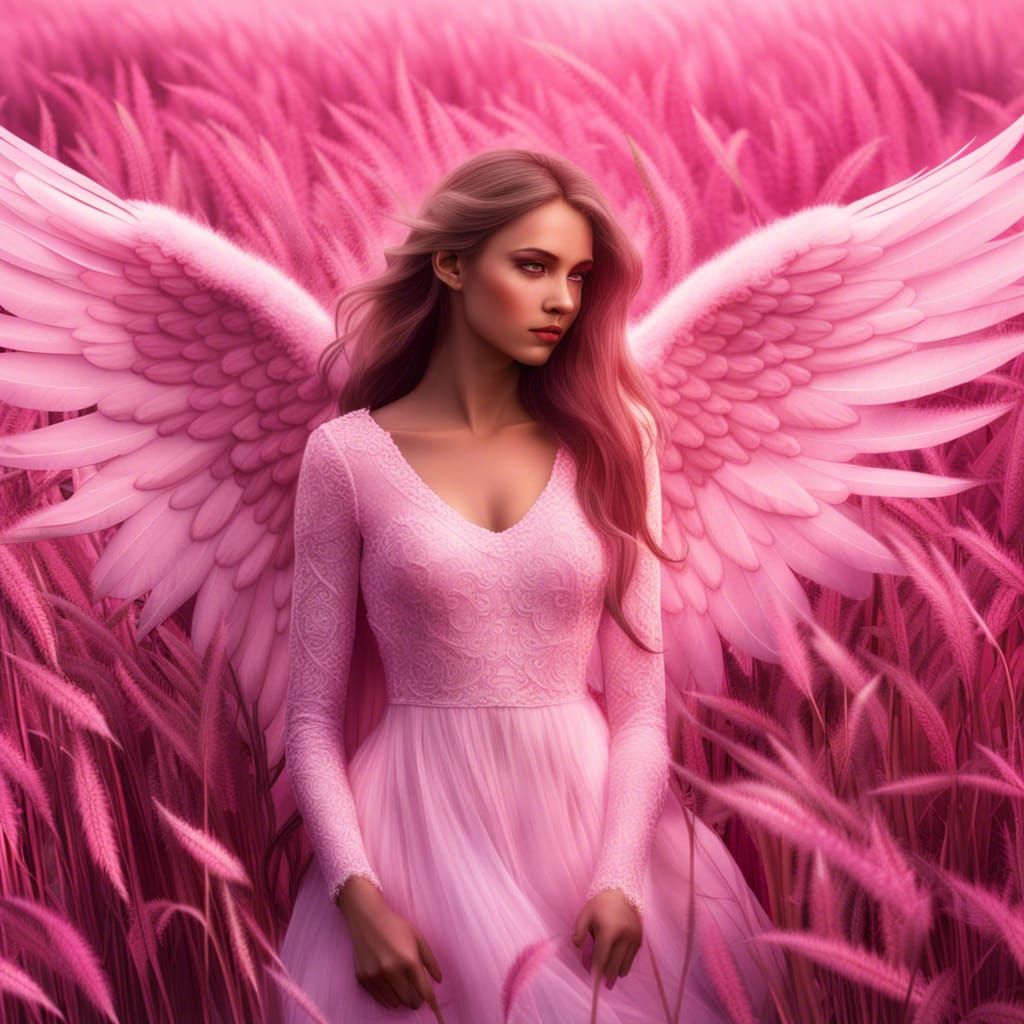 Angel Wings on Pink Grass in Hyperrealistic Style