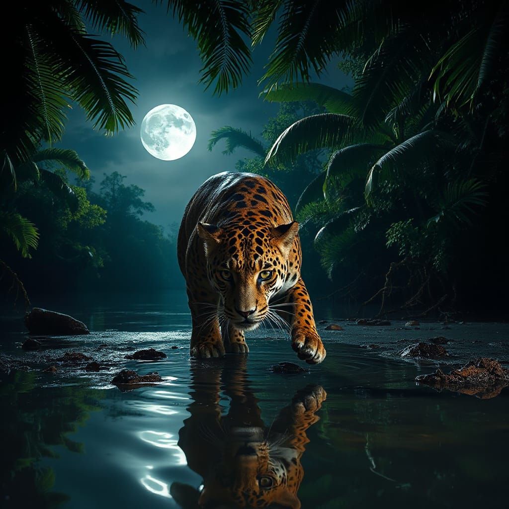 Sfumato jaguar in moonlight on the banks of the mighty Amazon surrounded by tropical rainforest. The jaguar stoops to dr...