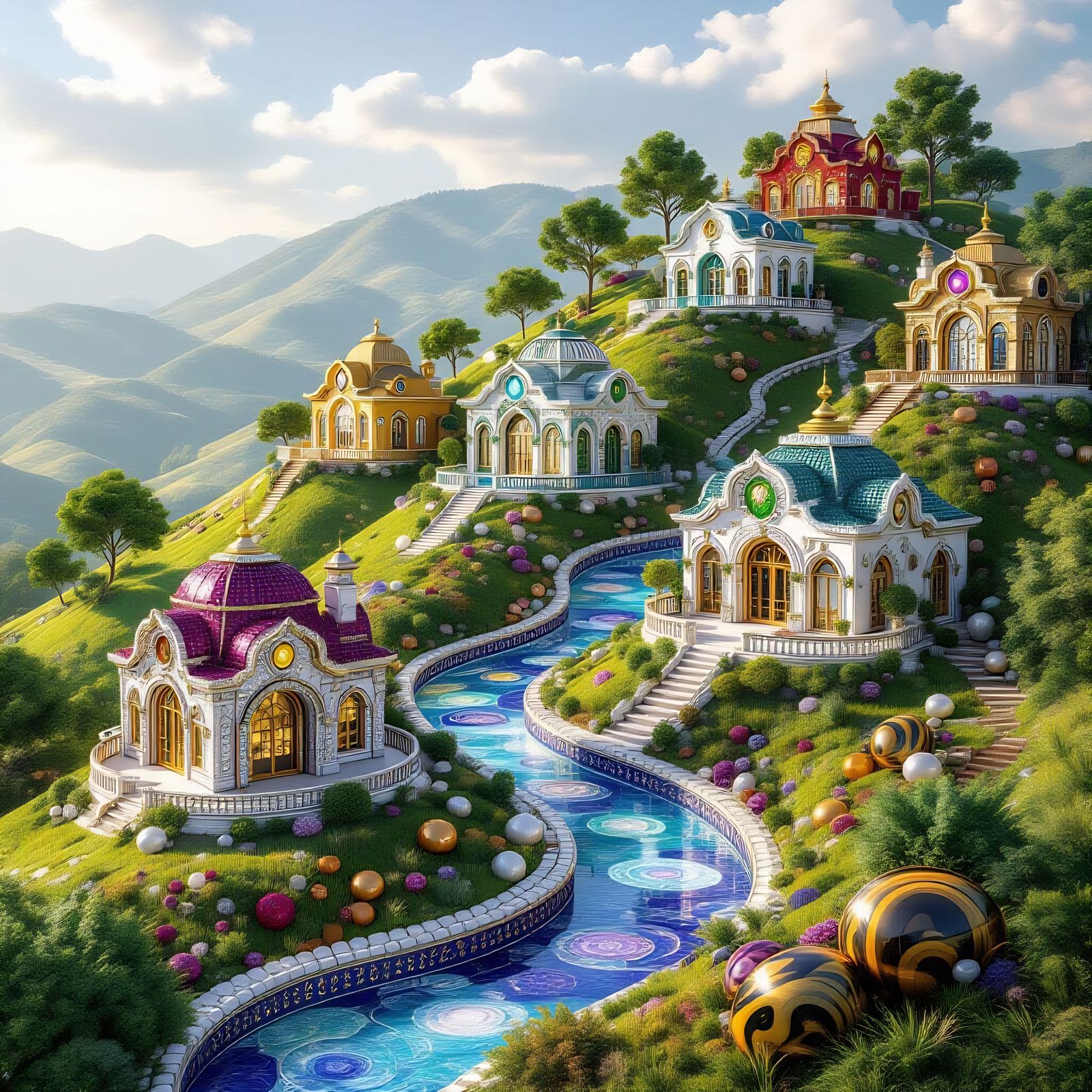 Gemstone Houses on a Lush Hill with Emerald Trees