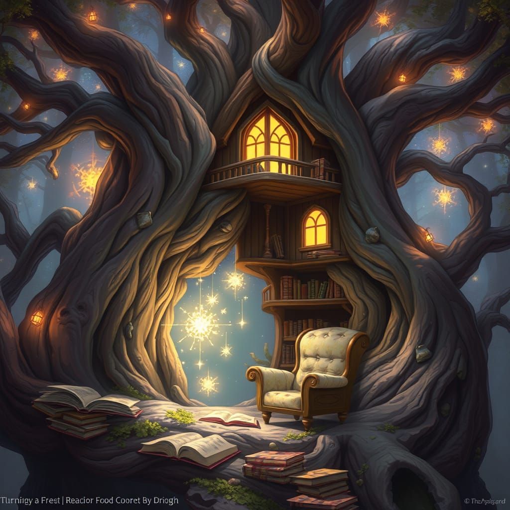 Glowing Treehouse Reading Haven: Fantasy Concept Art