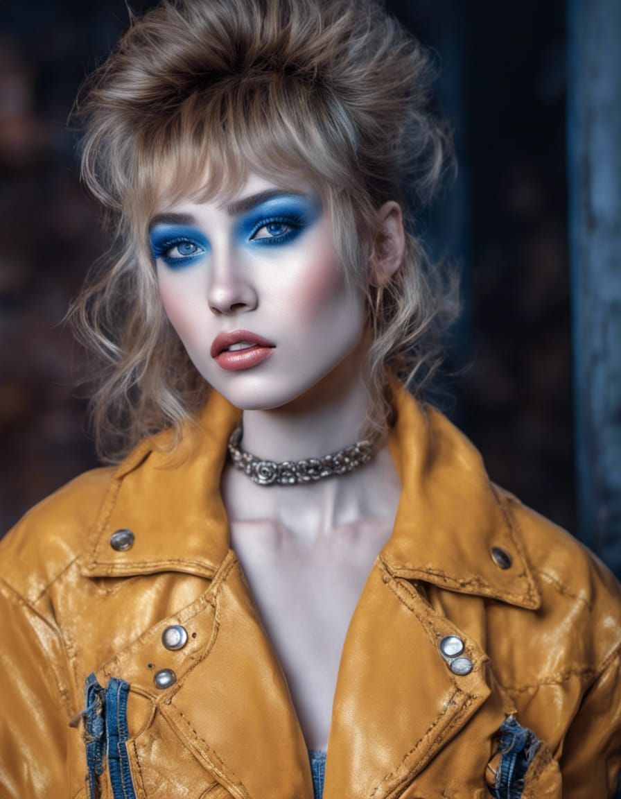 "1986: A stylish, popular girl with blue eyeshadow, heavy makeup big, permed hair and teased bangs, wears a denim jacket...