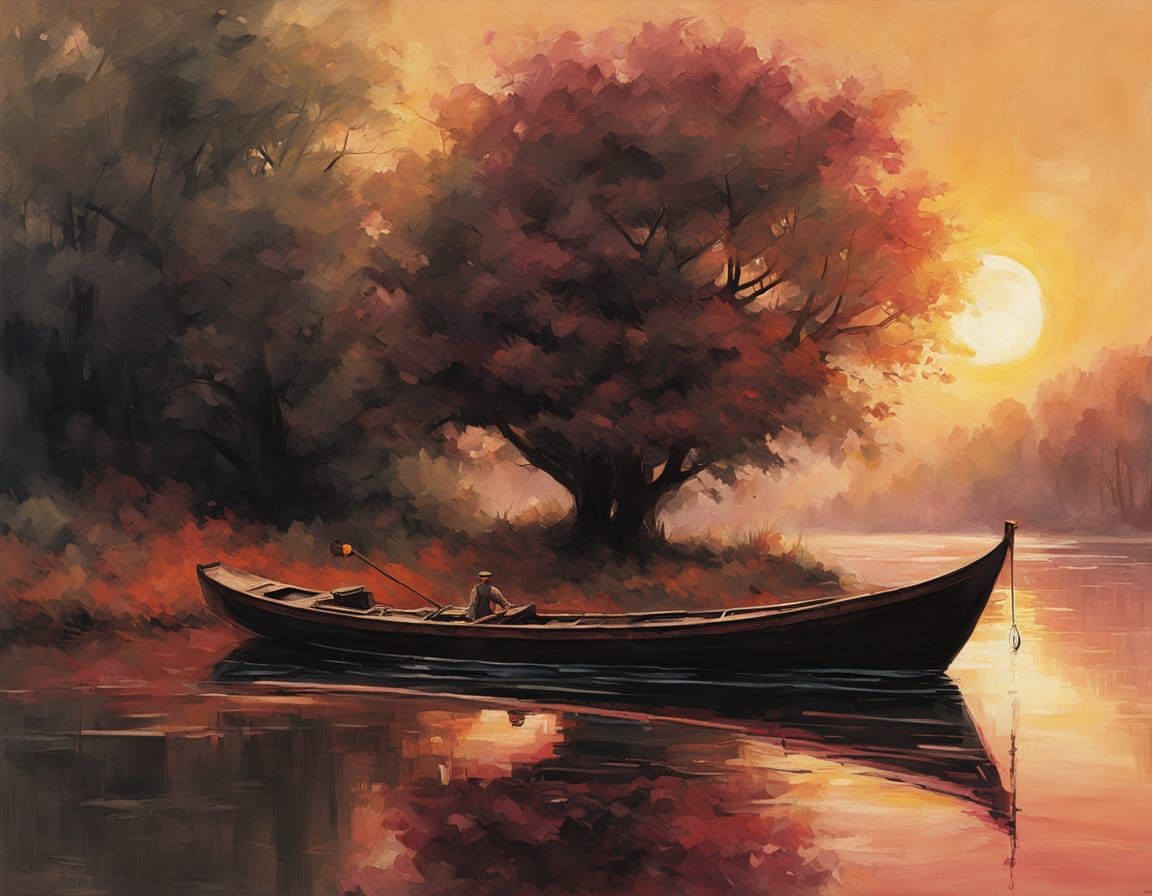 Allegorical Boat on River, Oil Painting with Thick Brush Str...