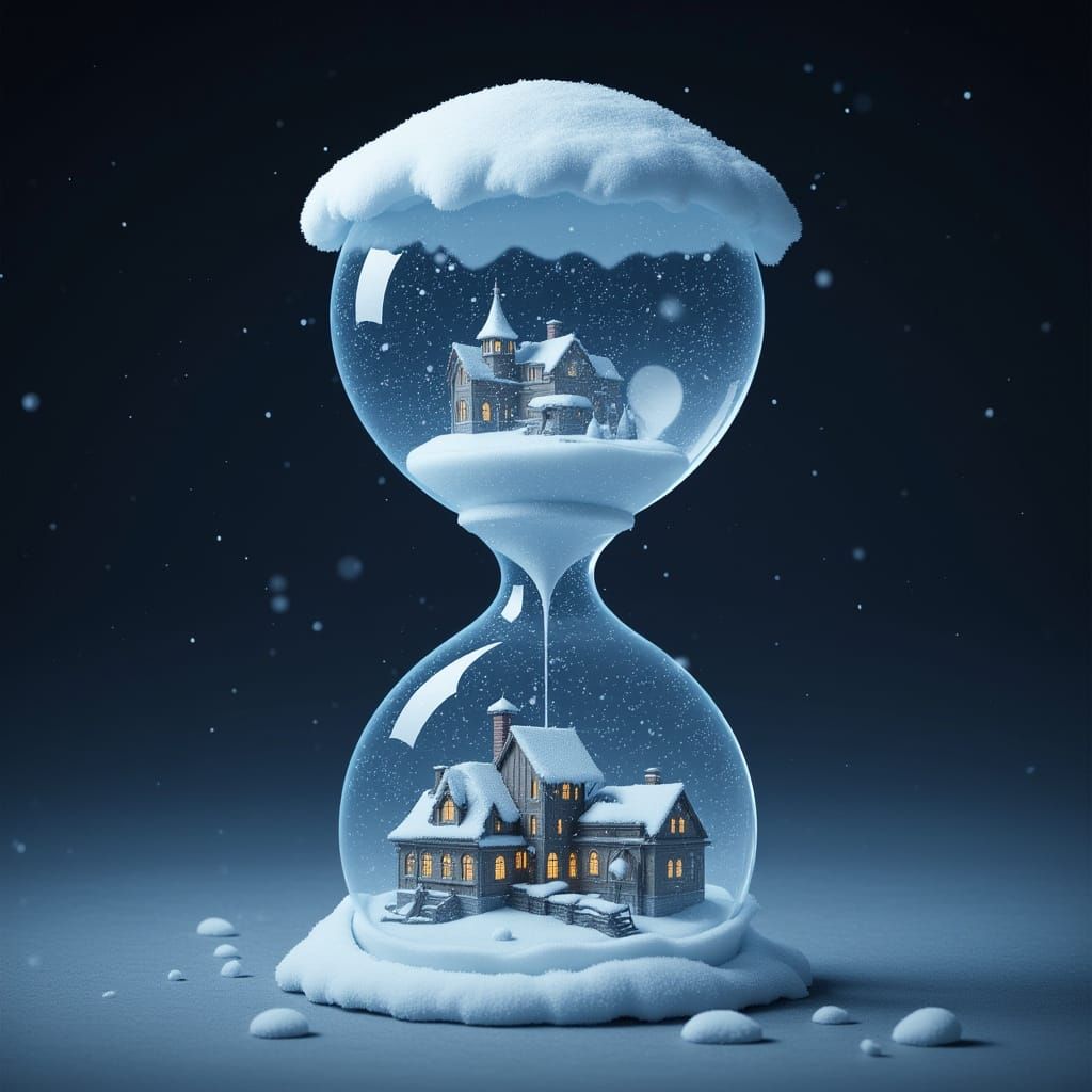 Miniature City in Hourglass Amidst Snowfall