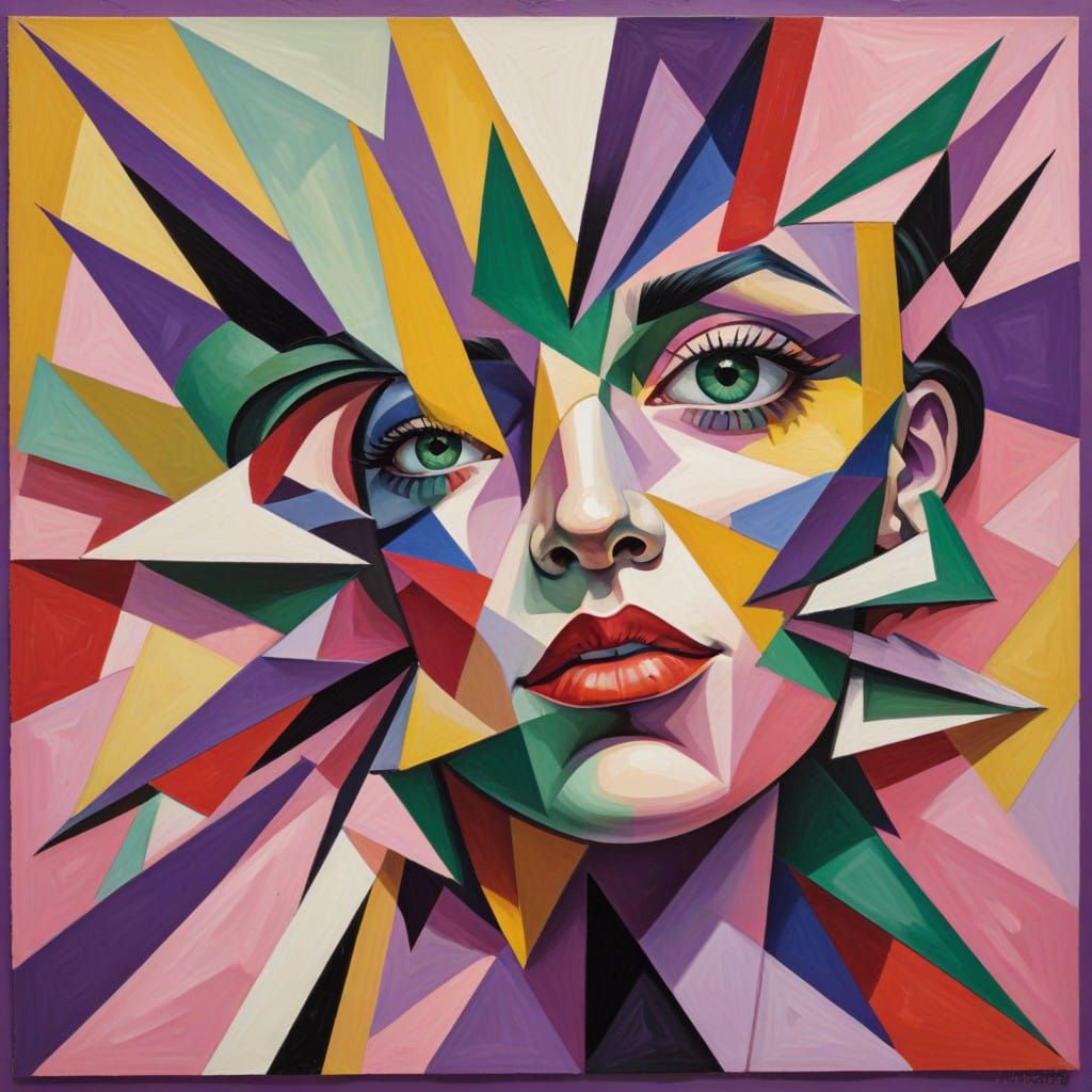 Woman in Vibrant Cubist Scene