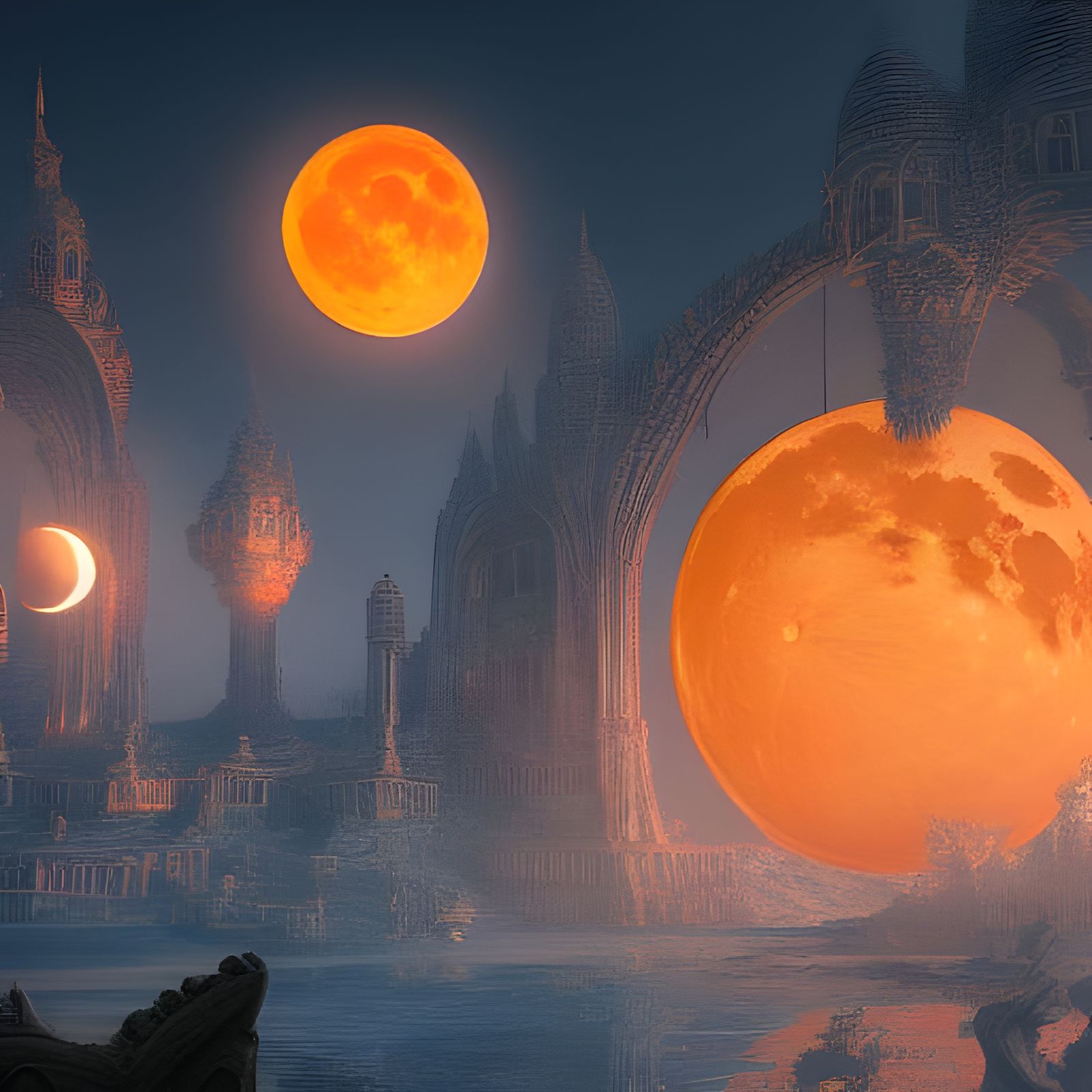 Fantastical Orange Moon Fantasy Concept Art