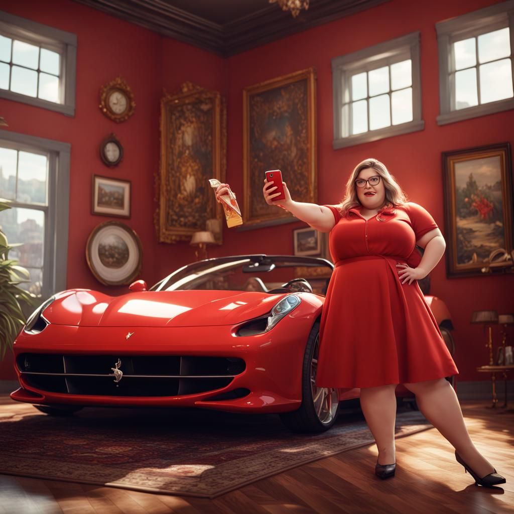 Girl in Ferrari Dress Taking Selfie: Detailed Matte Painting