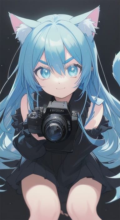 Anime Girl with Vibrant Blue Hair and Cat Ears Sits Poised i...