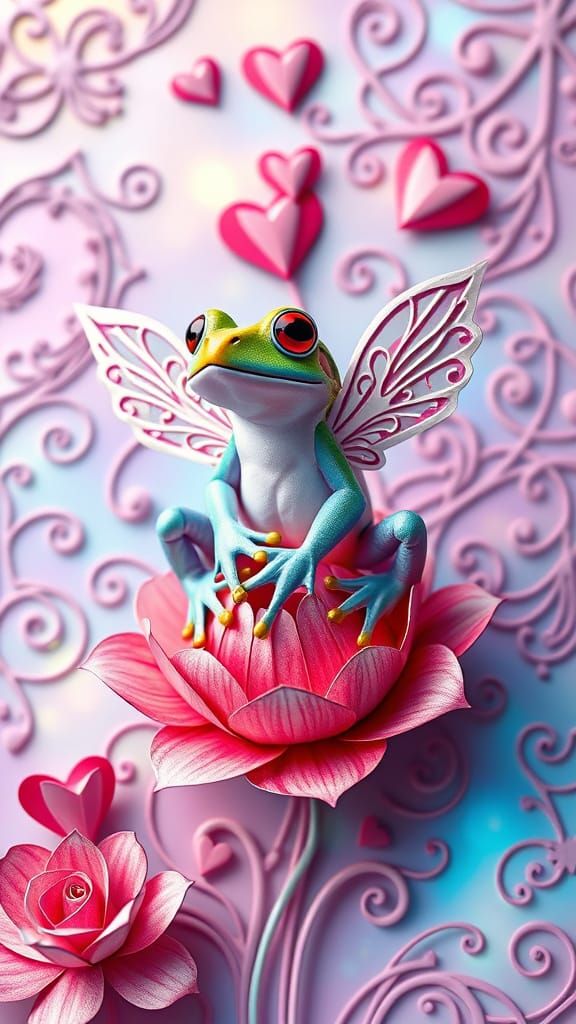 Whimsical Card Frog in Origami-Inspired Valentine's Day Scen...
