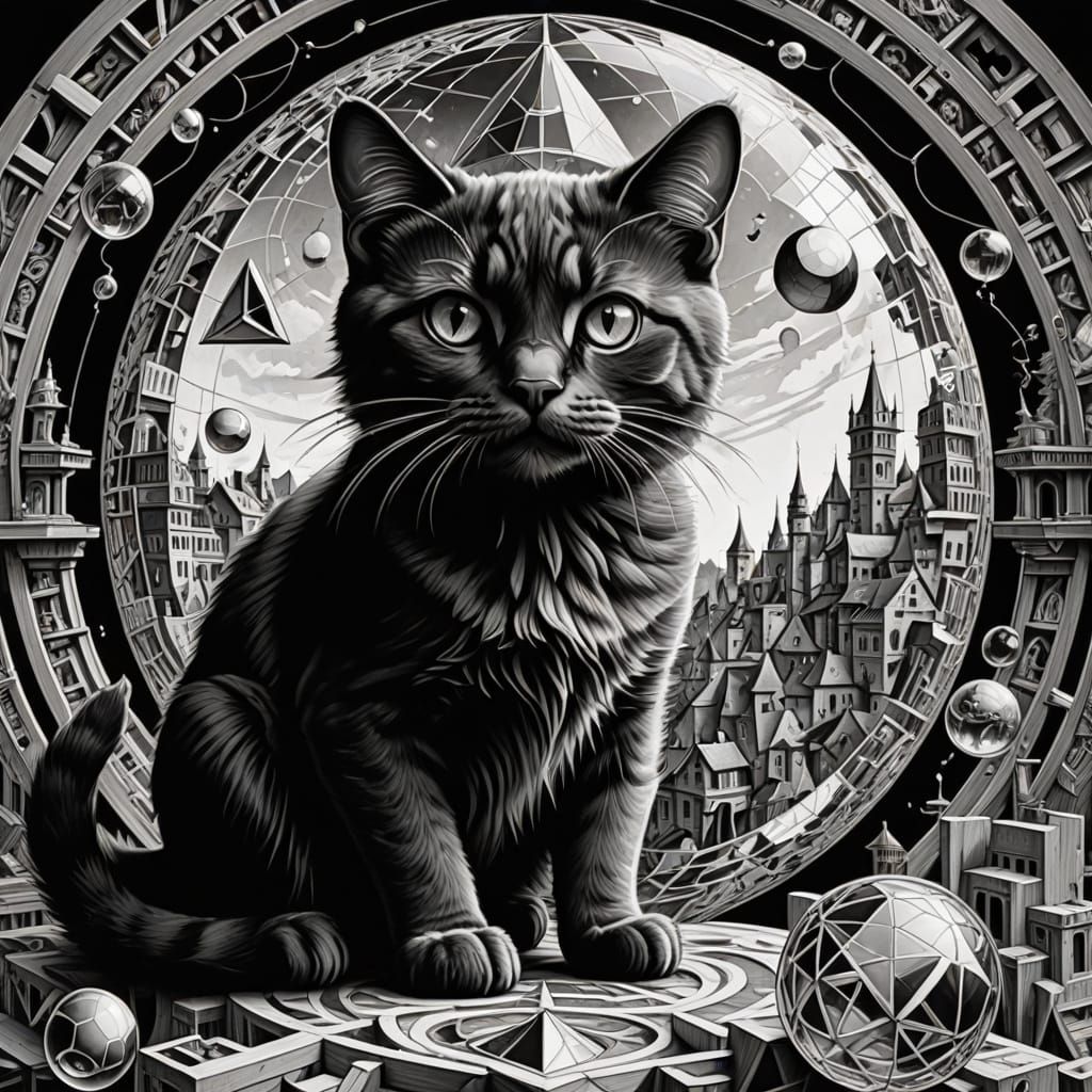 Whimsical MC Escher-Inspired Pencil Sketch with Playful Cat