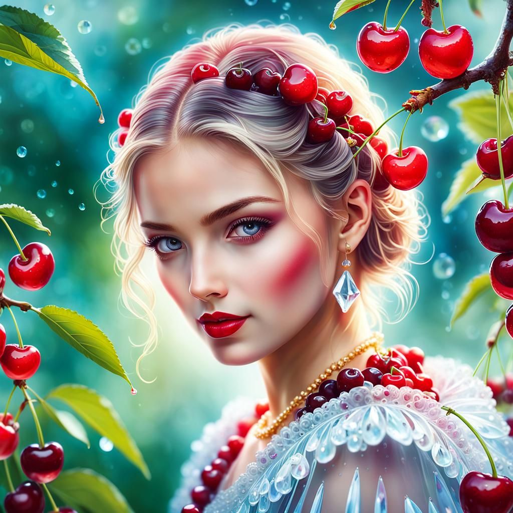 Hyperrealistic Cherries in Watercolor Fantasy Garden