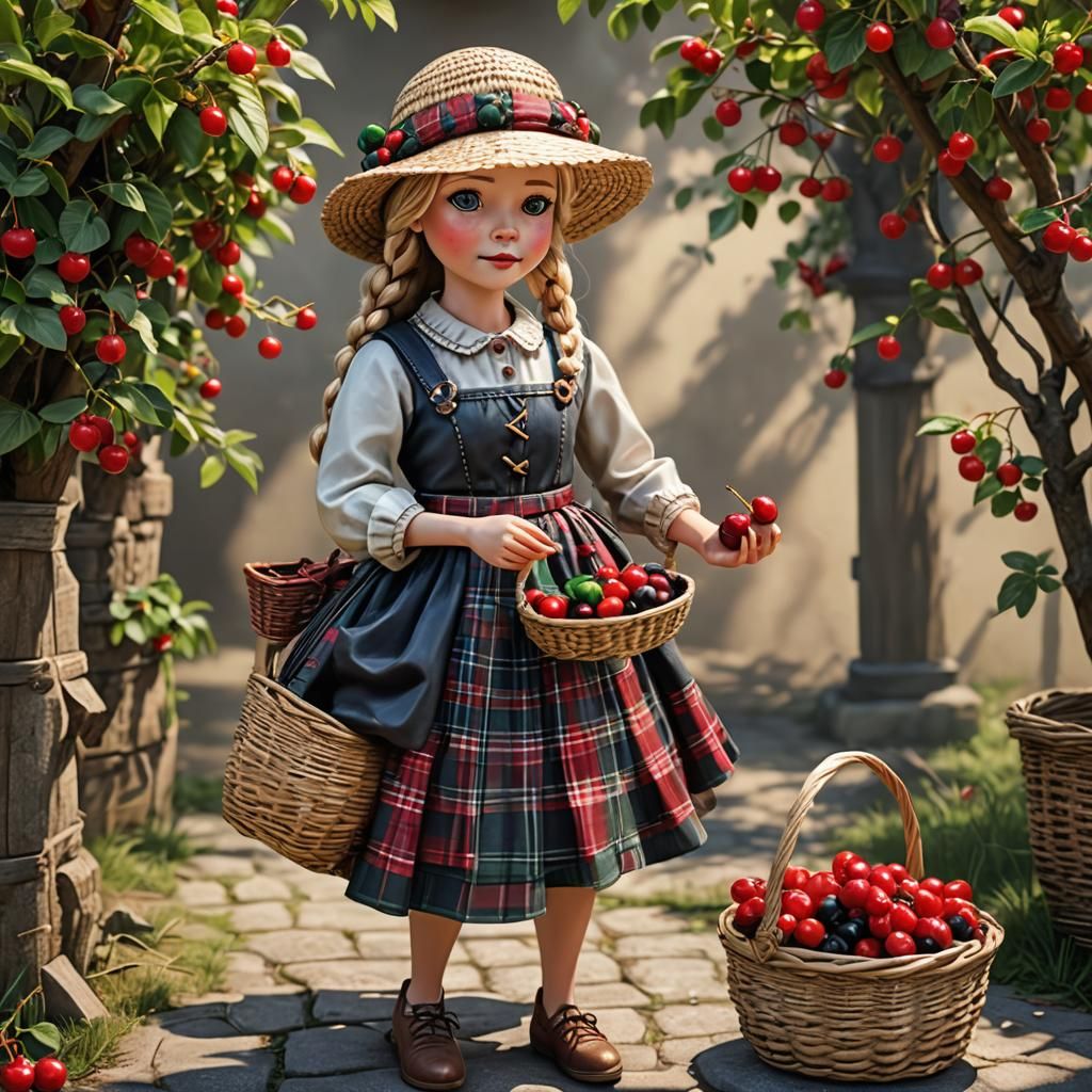 young blonde bobblehead peasant woman   picks cherries in a ...
