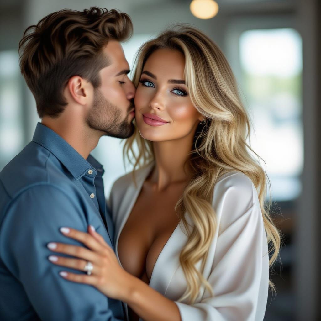 Woman in Ornate Robe Kissing Delivery Man